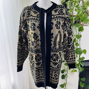 Vintage Maurada Gold & Black Metallic Shimmery Long Cardigan Sweater - XL